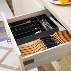 img 2 attached to 🍃 Wooden Cutlery Drawer Dividers - 5 Compartments Flatware Organizer - Bamboo Utensil Tray for Kitchen, Office Supplies, Cosmetics - Black