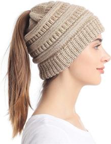 img 2 attached to Stay cozy and stylish with the Soul Young Ponytail Messy Bun Beanie Tail Knit Hole Soft Stretch Cable Winter Hat for Women