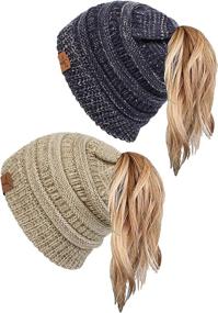 img 4 attached to Stay cozy and stylish with the Soul Young Ponytail Messy Bun Beanie Tail Knit Hole Soft Stretch Cable Winter Hat for Women