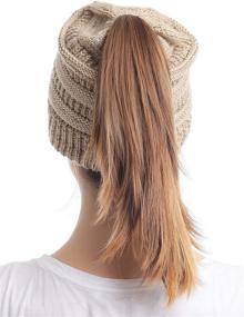 img 1 attached to Stay cozy and stylish with the Soul Young Ponytail Messy Bun Beanie Tail Knit Hole Soft Stretch Cable Winter Hat for Women