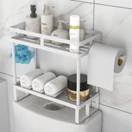 🛁 2-tier over-the-toilet storage shelf with paper towel holder - bathroom hanging shelves, iron tank organizer for large space saver - no drill adhesive hooks + 4pcs sticker bases, white логотип