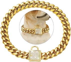 img 4 attached to Cuban Link Dog Collar in Designer Gold Chain with Zirconia Locking, 14mm Metal Puppy Collar - Luxury Dog Bling Necklace (12 to 26in)