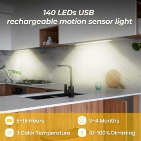 img 3 attached to 🔦 Versatile 140 LED Under Cabinet Lighting: Dimmable, Motion Sensor, 3 Color Temperatures, Battery Powered, USB Rechargeable for Wardrobe Kitchen Hallway Stairway