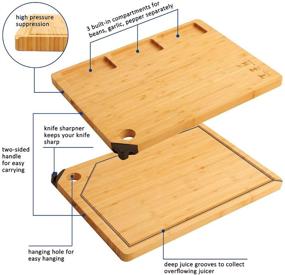 img 3 attached to Безопасная для здоровья 2 в 1 доска для разделки из бамбука с отделением и точилкой для ножей - идеально подходит для мяса, овощей и фруктов на кухне.
