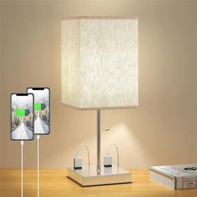 img 4 attached to 💡 Small Bedroom Lamp with Outlet - Beige Fabric Shade & Sliver Base