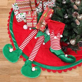 img 1 attached to TangJing 48&#34; Big Elf Christmas Tree Skirt: Candy Striped Legs, Ripple Trim, and Festive Elf Themed Decoration for Xmas Tree Ornaments, Santa Helper Under Tree Ideas, and Party Accessories