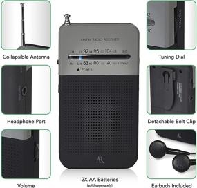 img 3 attached to 📻 Acoustic Research Portable AM/FM Radio: Black & Grey Rubberized Finish, Belt Clip, Speaker & Earbuds - Battery Operated