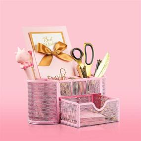 img 3 attached to Pink Desk Organizer for Women - Metal Mesh Glorider Desktop Organization with 8 Compartments + Drawer - Storage for Pens, Pencils, and Office Supplies - Pink Decorative Storage for Home Office and School Supplies