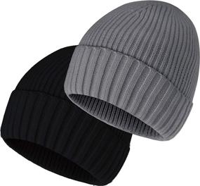 img 4 attached to 🧣 2 Pack Rib Knit Winter Beanie Hat for Men Women - Stretchy & Cozy Fold-up Cuff Slouchy Beanie Hat