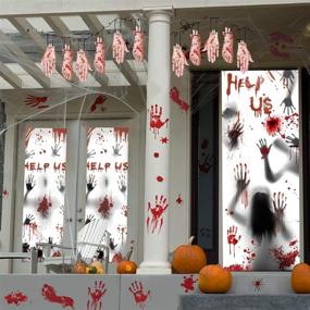 img 3 attached to 🧟 Halloween Decorations: Giant Bloody Handprints Zombie Door Cover with Props, Window Posters, and Bloody Decals - Perfect for Haunted House and Party Decor