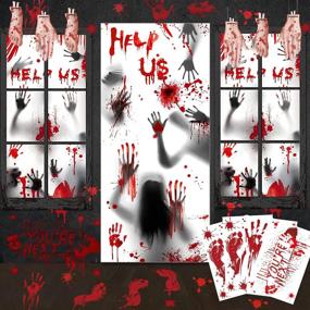 img 4 attached to 🧟 Halloween Decorations: Giant Bloody Handprints Zombie Door Cover with Props, Window Posters, and Bloody Decals - Perfect for Haunted House and Party Decor