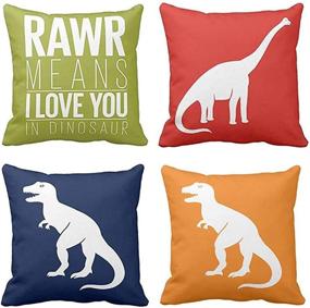 img 4 attached to 🦖 Emvency Set of 4 Dinosaur Throw Pillow Covers: Rawr Brachiosaurus & Tyrannosaurus in Red & Navy Blue, 16x16 Inches Prehistoric Decorative Pillow Cases for Boys Room Home Decor