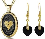 💖 love jewelry set: i love you necklace in 120 languages, 24k gold inscribed in miniature text on oval black onyx gemstone pendant and black crystal heart dangle earrings for women, 18" rolo chain - enhanced seo logo