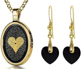 img 4 attached to 💖 Love Jewelry Set: I Love You Necklace in 120 Languages, 24k Gold Inscribed in Miniature Text on Oval Black Onyx Gemstone Pendant and Black Crystal Heart Dangle Earrings for Women, 18" Rolo Chain - Enhanced SEO
