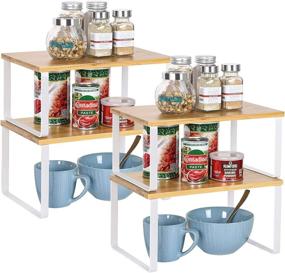 img 4 attached to NEX Stackable & Expandable Bamboo Kitchen Cabinet and Counter Shelf Organizer Set of 4 - White/Natural