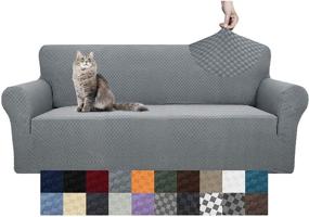 img 4 attached to 🛋️ YEMYHOM High Stretch Sofa Cover | Latest Jacquard Design | Pet Dog & Cat Proof Slipcover | Non Slip, Magic Elastic Furniture Protector | Fits 3 Cushion Couch | Light Gray