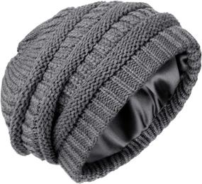 img 2 attached to 🧣 Satin Lined Cable Knit Winter Beanie Hats for Women and Men | Thick Chunky Cap with Silk Lining | Soft Slouchy Warm Hat