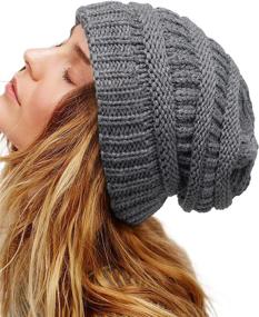 img 4 attached to 🧣 Satin Lined Cable Knit Winter Beanie Hats for Women and Men | Thick Chunky Cap with Silk Lining | Soft Slouchy Warm Hat