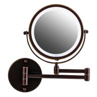 ovente 7-inch lighted wall mount makeup mirror with 1x & 10x magnifier, adjustable double sided round led, extendable, retractable & folding arm, compact & cordless, battery powered - antique bronze mfw70abz1x10x logo