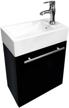 💦 dandi wall mount cabinet vanity sink combo: small heavy duty white porcelain bathroom sink with black cabinet, faucet, pop up drain, overflow, and towel bar - renovators supply manufacturing logo