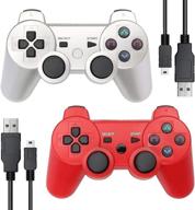 🎮 wireless ps3 controller 2 pack - double vibration game controller for playstation 3 with 2 charging cables (silver+red) logo