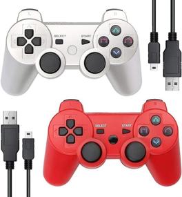img 4 attached to 🎮 Wireless PS3 Controller 2 Pack - Double Vibration Game Controller for Playstation 3 with 2 Charging Cables (Silver+Red)