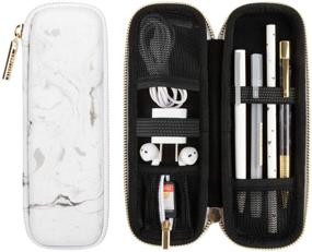 img 4 attached to 🖊️ Marble Pencil Holder Pencil Case for Apple Pencil and Pen Accessories, Protective Carrying Case with Elastic Strap Sleeve and Mesh Pockets for AirPods