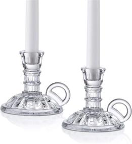 img 2 attached to 🕯️ Antique Chamberstick Glass Candle Holder Set – Vintage Christmas Decor, 4 Inch Clear Glass with Handle for Standard Taper Candles