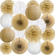 🎉 rustic paper party decorations for bridal baby shower birthday wedding: ansomo pom poms, paper fans & lanterns in white and tan logo
