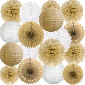 img 4 attached to 🎉 Rustic Paper Party Decorations for Bridal Baby Shower Birthday Wedding: ANSOMO Pom Poms, Paper Fans & Lanterns in White and Tan