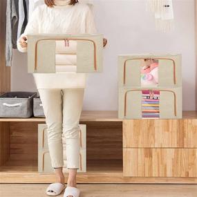 img 3 attached to 📦 2 Pack Clear Window Storage Bins- Foldable Oxford Bins for Clothes, Stackable Container Organizer Set - Beige, 15.7X 11.8X 7.7Inch with Steel Frame and Carrying Handles