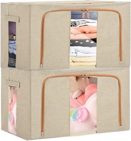 img 4 attached to 📦 2 Pack Clear Window Storage Bins- Foldable Oxford Bins for Clothes, Stackable Container Organizer Set - Beige, 15.7X 11.8X 7.7Inch with Steel Frame and Carrying Handles