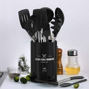 img 2 attached to 🍳 Non-Stick Silicone Cooking Utensil Set with Stainless Steel Handle - Umite Chef 15pcs Kitchen Cookware Set - Black