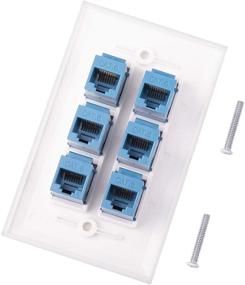 img 1 attached to IGreely Ethernet Wall Plate - 6 Port Female To Female Decorative Faceplate Cat6 Keystone Jack Wall Plate Compatible With Cat7/6/6E/5/5E Ethernet Devices White Wall Plate With Blue Ethernet Keystone