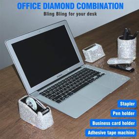 img 3 attached to Luxury Handmade Diamond Office Stationery Kit for Fashion Girls and Women - Crystal Bling Pencil Pen Pot Holder, Stapler, Card Holder, and Tape Dispenser (Round, White)