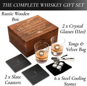 img 1 attached to Whiskey Glass Set for Him - Anniversary Gift for Husband I 'To My Husband' I Wedding Anniversary Gift from Wife I Flamed Wood Case, 2 Hand-Cut Crystal Glasses, & Cooling Stones