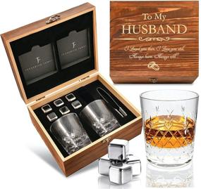 img 4 attached to Whiskey Glass Set for Him - Anniversary Gift for Husband I 'To My Husband' I Wedding Anniversary Gift from Wife I Flamed Wood Case, 2 Hand-Cut Crystal Glasses, & Cooling Stones