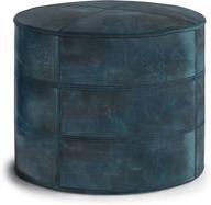 simplihome connor transitional round pouf in teal blue distressed leather - footstool, footrest, upholstered for living room, family room – transitional logo
