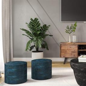 img 3 attached to SimpliHome Connor Transitional Round Pouf in Teal Blue Distressed Leather - Footstool, Footrest, Upholstered for Living Room, Family Room – Transitional