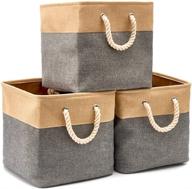 📦 ezoware 3-pack collapsible storage bins, foldable canvas fabric cubes boxes with handles for nursery room toys organizer (13 x 13 x 13 inches) - gray/beige logo