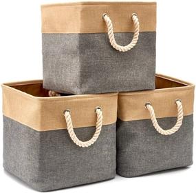 img 4 attached to 📦 EZOWare 3-Pack Collapsible Storage Bins, Foldable Canvas Fabric Cubes Boxes with Handles for Nursery Room Toys Organizer (13 x 13 x 13 inches) - Gray/Beige