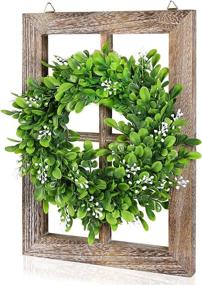 img 4 attached to 🪟 Rustic Wooden Window Frame with Green Wreath Wall Decor - Farmhouse Style for Bedroom and Living Room, 11X15.8 Inches