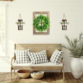 img 2 attached to 🪟 Rustic Wooden Window Frame with Green Wreath Wall Decor - Farmhouse Style for Bedroom and Living Room, 11X15.8 Inches