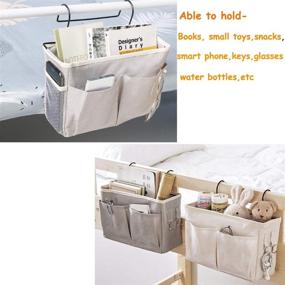 img 2 attached to 🛏️ 2-Pack Grey Bedside Organizer Caddy with Hook – Dorm Room & Kids' Bedroom Storage Pocket for Top Bunk Bed, Loft Bed – Holds Phone, Remote Control, Laptop, Books