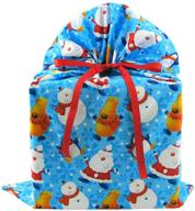 🎅 large 20x27 inches north pole buddies christmas bag - santa, snowman, reindeer on blue fabric - reusable logo