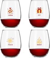 set of 4 christmas stemless wine glasses - colorful and cheerful party cups for holiday celebration - elegant and trendy décor in red, silver, and gold - featuring merry, peace, cheer, and joy logo