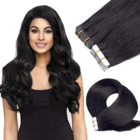 img 4 attached to 🎀 Premium 16-inch Tape-In Human Hair Extensions - Create Beauty, 30g 20PCS/Pack, Straight Skin Weft Remy Hair Extensions in 1B# Off Black