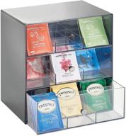 mdesign plastic tea bag caddy box storage organizer with 3 drawers - for kitchen pantry, cabinet, countertop - holds coffee, sugar packets, drink pods - charcoal gray/clear logo