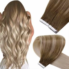 img 4 attached to 👩 Blonde Tape in Human Hair Extensions with Balayage Highlights - Real Human Hair, Light Brown Ombre Ash Blonde, Light Blonde 20pcs 50g 14" - Remy Hair Extensions