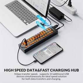 img 2 attached to iDsonix USB 3.0 Hub: 13-Port 12V / 5A Powered USB Hub with BC1.2 Fast Charge (5V2.4A), 5Gbps High Speed Transfer, Individual Switches, Aluminum Alloy USB Splitter for Laptop, PC, HDD, SSD, and More